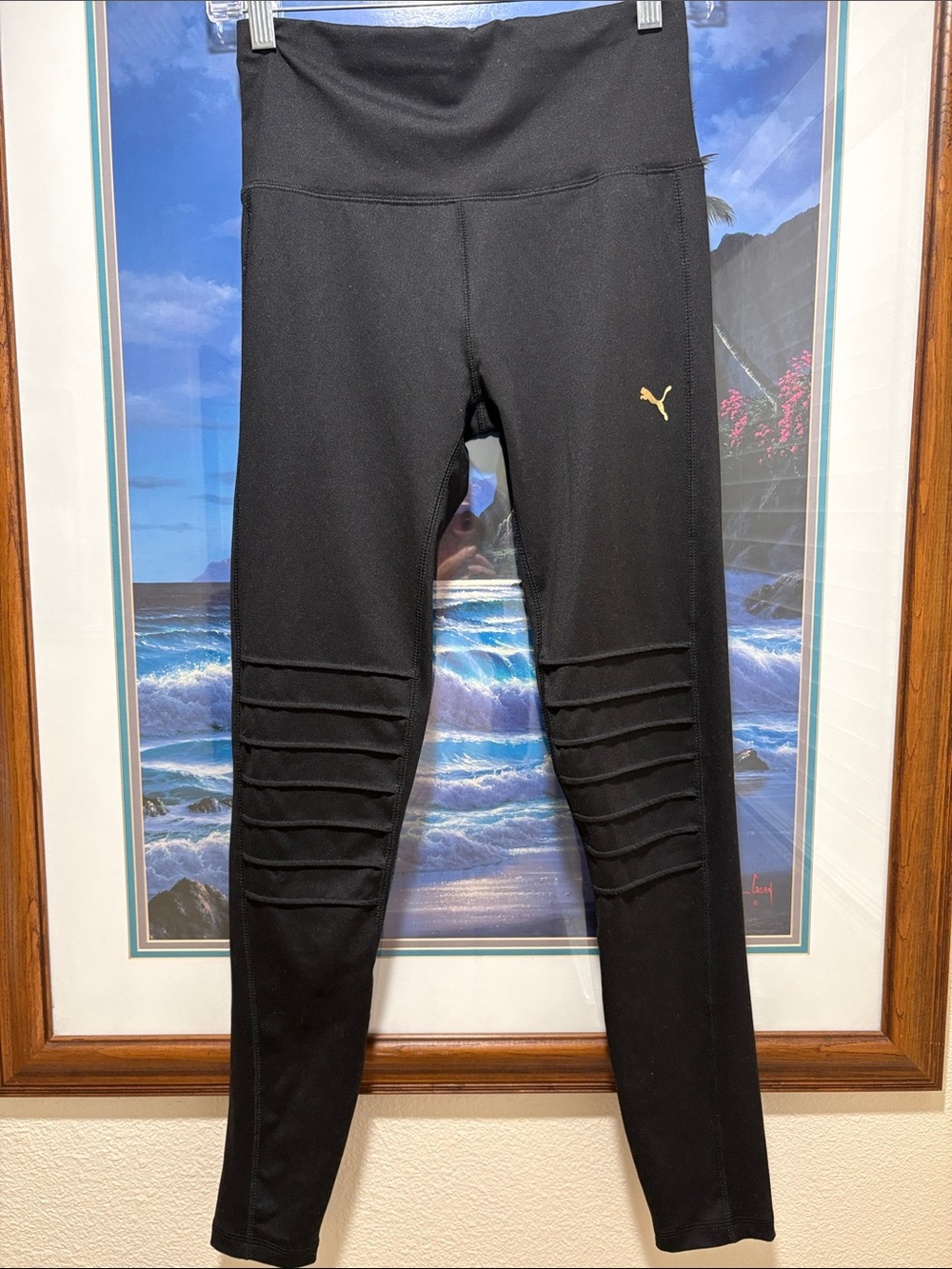 Puma Black Leggings with Gold Logo and Ribbed Knee Panels